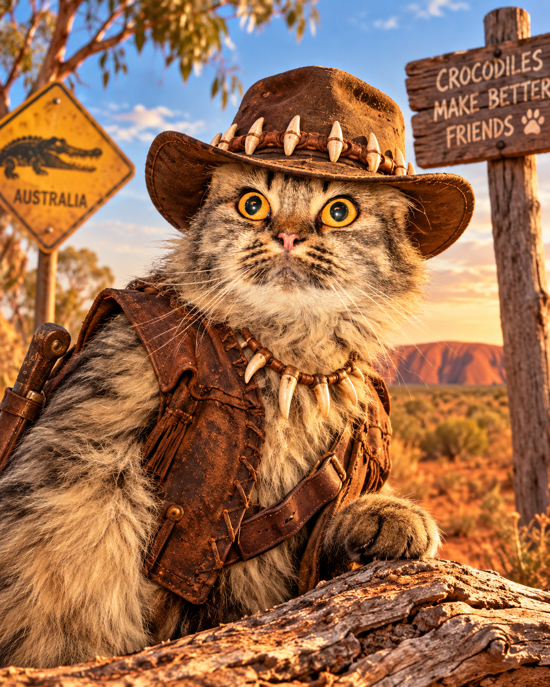 A cat wearing an Australian outback hat and leather vest.